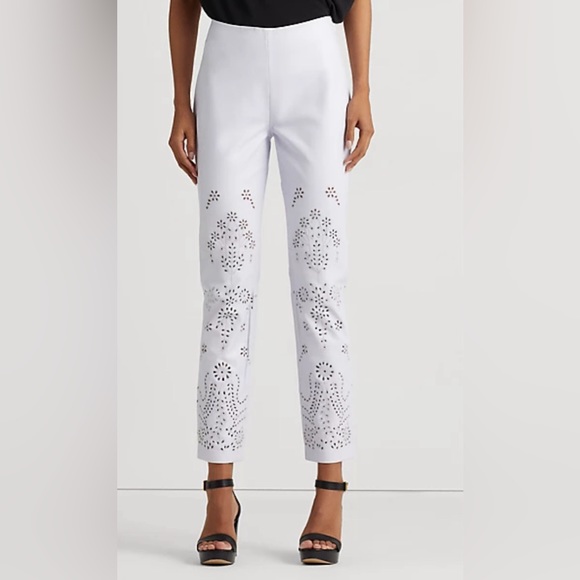 Ralph Lauren Eyelet-Embroidered Leather Ankle Pant White - Picture 2 of 7